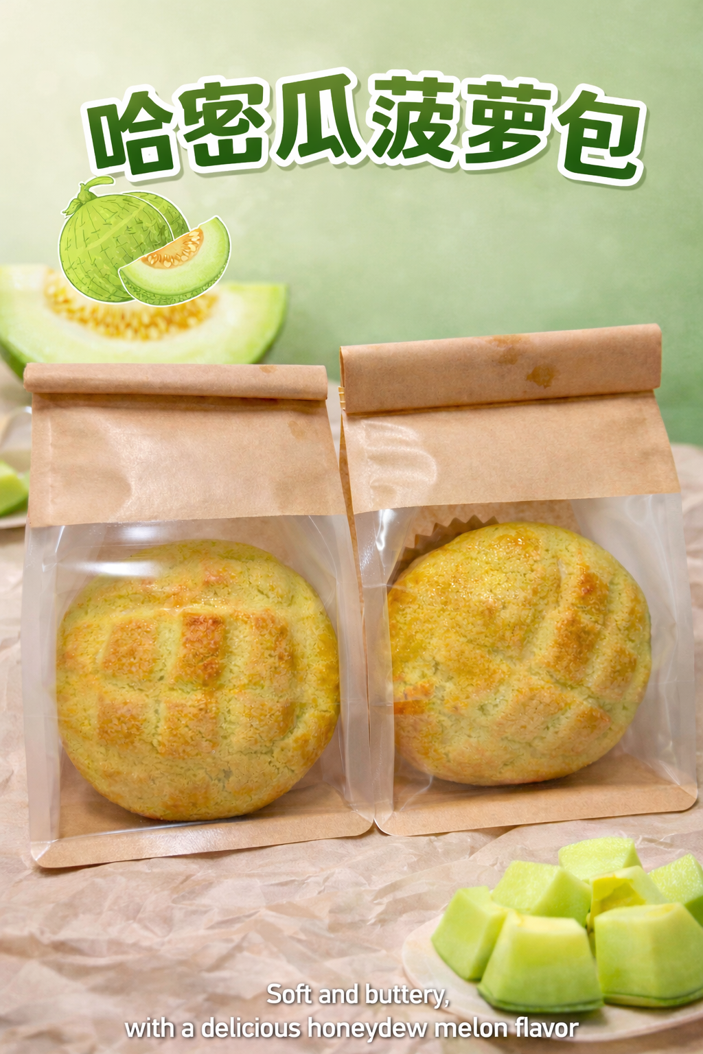 Honeydew melon pineapple bun 2pcs哈密瓜菠萝包2pcs