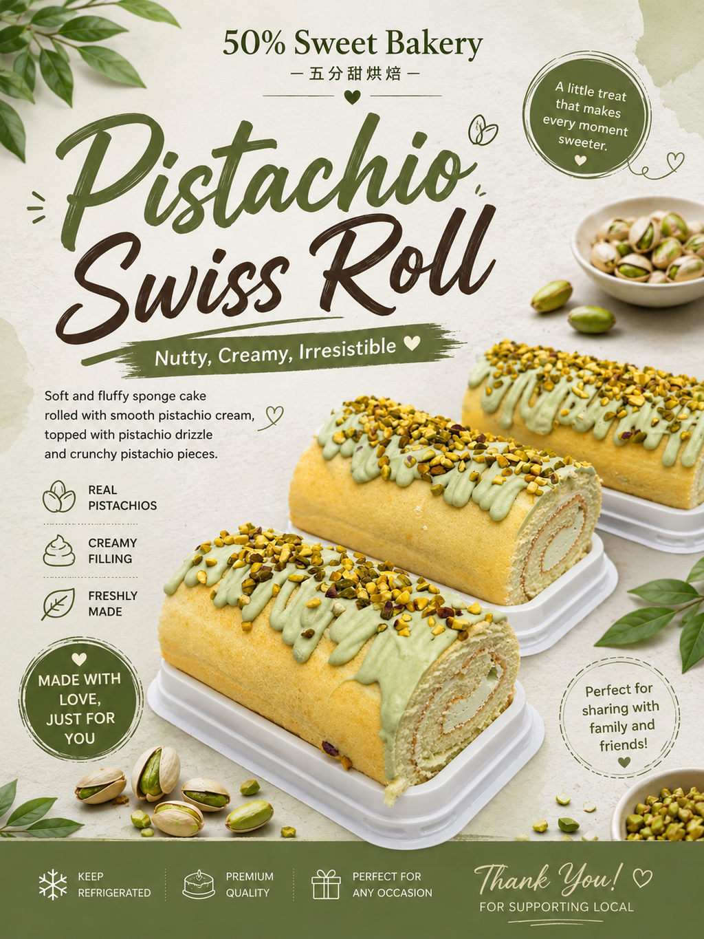 开心果瑞士卷 Pistachio swiss roll