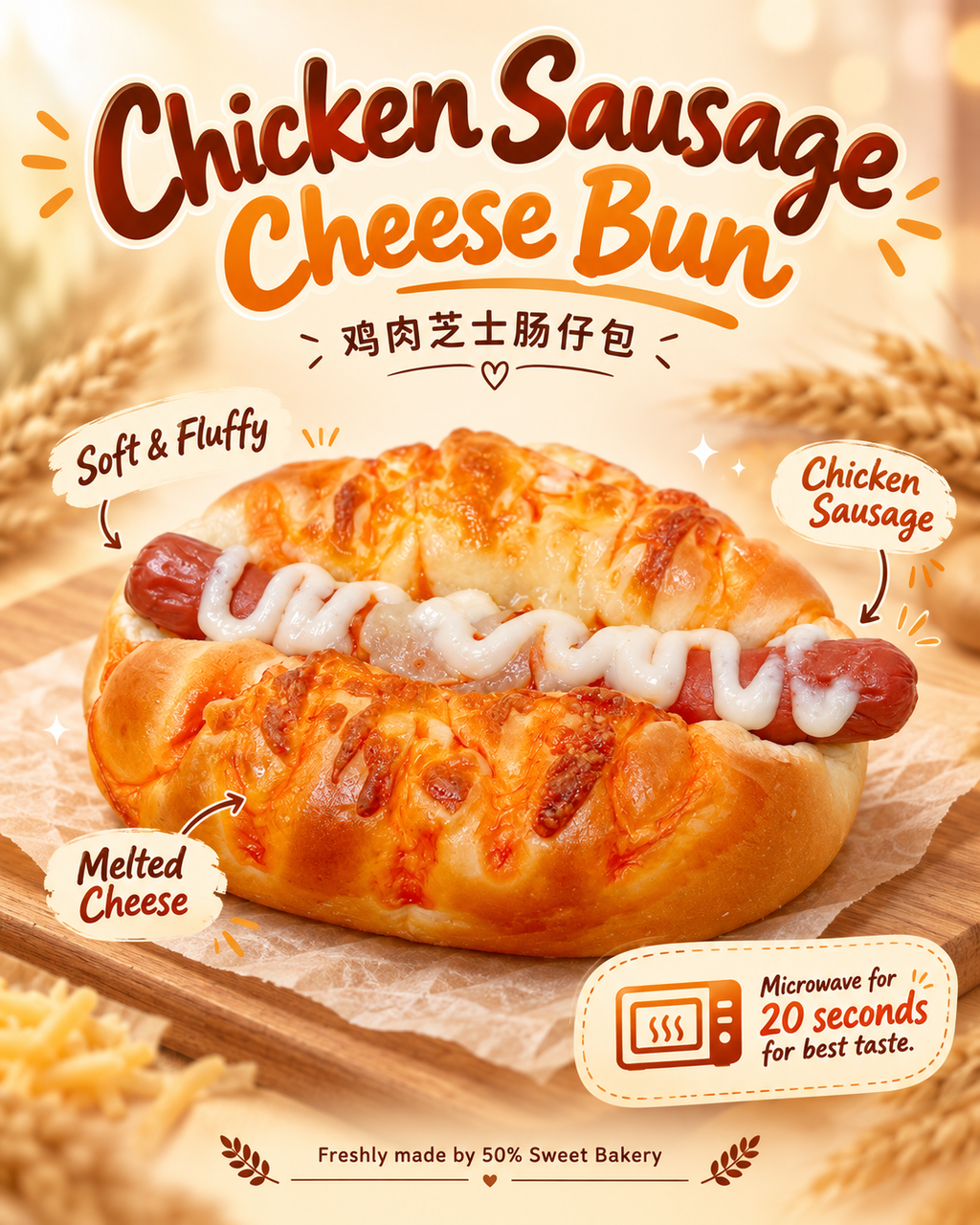 芝士肠仔包2粒 Cheesy hotdog buns 2pcs（chicken hotdog）